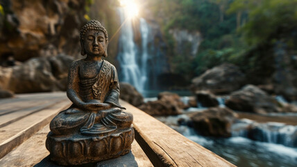 A Buddha statue or sculpture on a wooden walkway in front of a waterfall, calming background