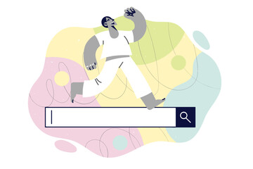 Man uses internet search technologies and runs along string for user request, for concept SEO