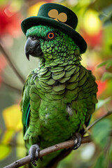 Obraz premium Green parrot with a mini leprechaun hat.