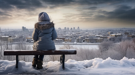 Little girl ponders in solitude amidst the serene winter cityscape. - obrazy, fototapety, plakaty