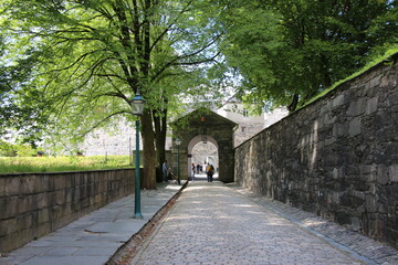 Historical centre of the UNESCO city Bergen in Norway with boats and ships