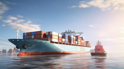 Cargo Container shhip sailing in the sea and Tugboat asssistance, Logistics and Transportation of international Container Cargo ship .