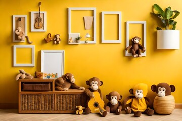 Aesthetic composition of child room interior with mock up poster frame, yellow wall, plush toys, monkey, rattan sideboard, guitar, brown bedding and personal accessories. Home deco