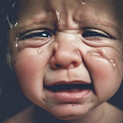 Portrait of a cute newborn baby crying in front of her mother while she holds her and tries to comfort her - obrazy, fototapety, plakaty