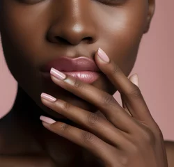 Gardinen Young beauty african american woman with a perfect manicure, stylish pink nail polish on her lips, pensive poses. © Svetlana