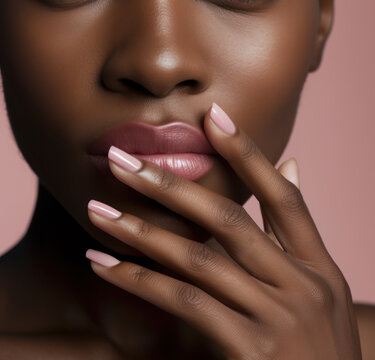 Young beauty african american woman with a perfect manicure, stylish pink nail polish on her lips, pensive poses.