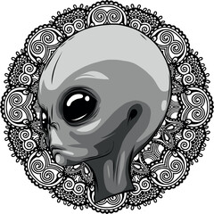 monochromatic face alien with mandala in background
