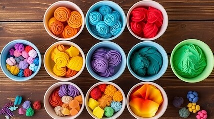 A view from above of an arrangement of colorful play dough.