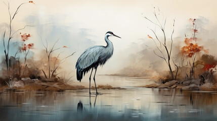 Naklejka premium A gray heron stands next to dry golden pampas grass in a swamp, old Chinese style drawing.