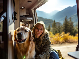 Portrait of smiling young woman hugging her dog in the camper van