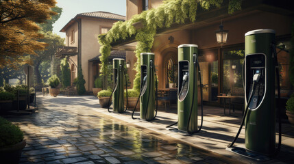 Modern fast chargers for electric vehicles for charging a car in an urban environment. Eco-friendly transport concept.