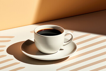 Cup of black coffee or tea on a beige table with striped sunlight shadows