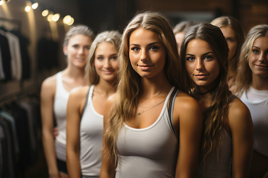 Photo shoot of a group of stunning young girls, doing yoga, fitness in a modern yoga studio, crop top and yoga shorts.