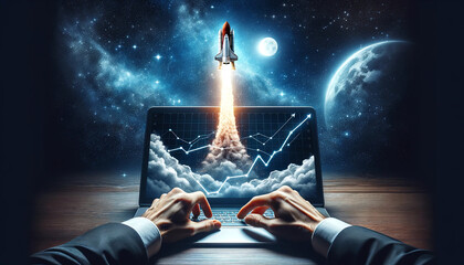 A space rocket launching from a laptop to the moon. With the profit graph display on the screen. Business and financial concept - obrazy, fototapety, plakaty