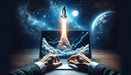 Keuken foto achterwand A space rocket launching from a laptop to the moon. With the profit graph display on the screen. Business and financial concept © TechnoMango