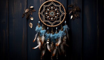 Dreamcatcher with feathers on a wooden background. 3d rendering