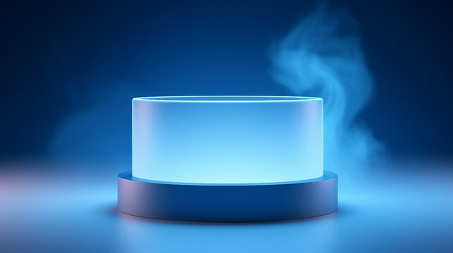 Empty Blue Cylinder Podium Shrouded in Fog on a Bright Background - Microstock Contributor's Optimized Photos for Maximum Visibility and Sales