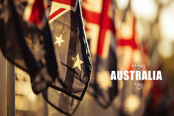 Happy Australia Day text with flag on sunny sky background.