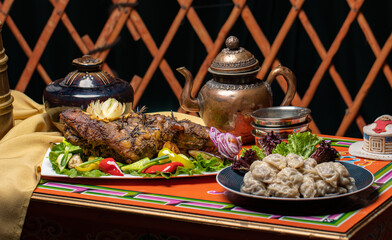mongolian tsagaan sar food, mongolian lunar year meat food, national food on traditional table