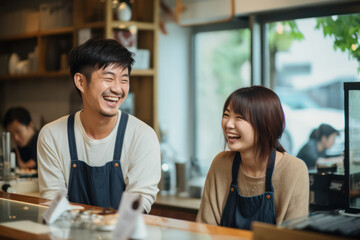 Joyful Hospitality, Happy Japanese Staff Serving Customers with Genuine Warmth. - obrazy, fototapety, plakaty