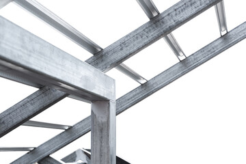 Steel beam structure roof building site isolated on white background, Modern metal structure house...