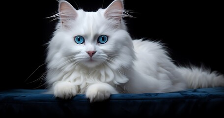 Portrait of a beautiful white cat with blue eyes on a black background