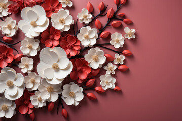 White and red paper flowers on a dusty pink background. Flat lay