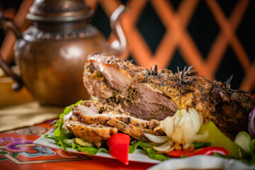 mongolian tsagaan sar food, mongolian lunar year meat food, national food on traditional table