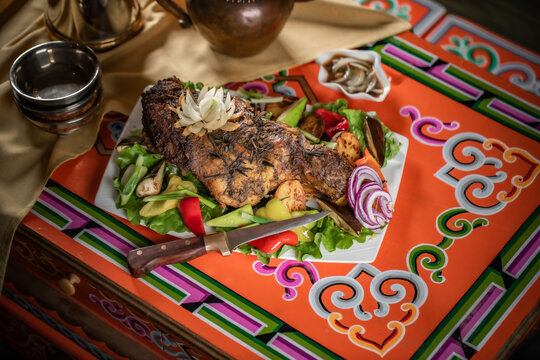 mongolian tsagaan sar food, mongolian lunar year meat food, national food on traditional table