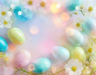 Easter springtime background with copyspace in bright pastel colours. Pink and yellow flowers, colour eggs, bokeh effect.
