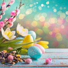 Fototapeta na wymiar Easter springtime background with copyspace in bright pastel colours. Pink and yellow flowers, colour eggs in a wicker basket on the green grass.