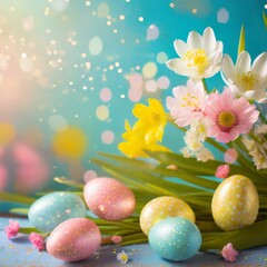 Easter springtime background with copyspace. Yellow daffodil flowers, bokeh effect, bright pastel colours.