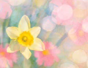 Easter springtime background with copyspace. Yellow daffodil flowers, bokeh effect, bright pastel colours.