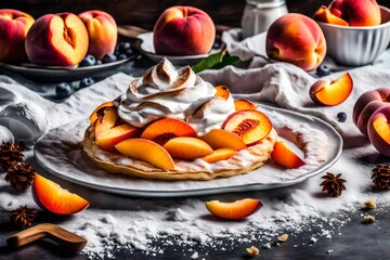 Sweet peach meringue with powdered sugar and fruits. white view,