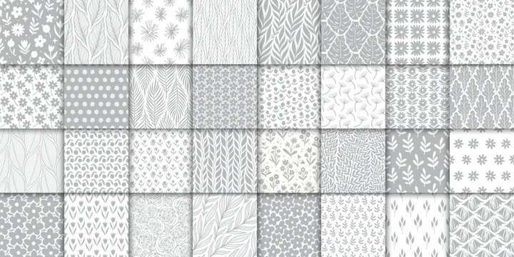 Fototapeta 32 floral seamless pattern collection. Minimalistic neutral hand drawn doodle seamless pattern with flowers and leaves
