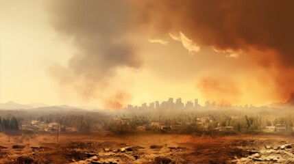 Disasters, dust and drought caused by global warming. with a city in the background
