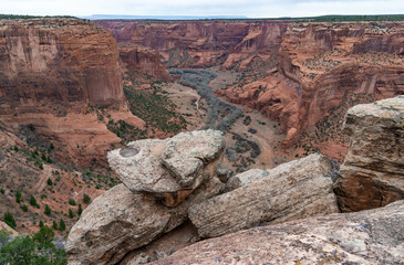 Desert landscape, view of red eroded rocks, Canyon de Chelly National Monument, Arizona, USA
