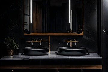 Close up of double black sink with mirrors standing in on white marble wall , wooden cabinet with faucet in minimalist bathroom. 