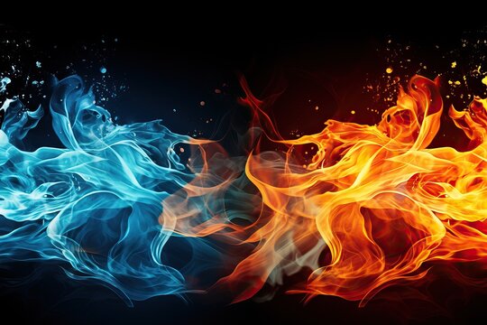 Fire and water connection background, representation of elements on black background
