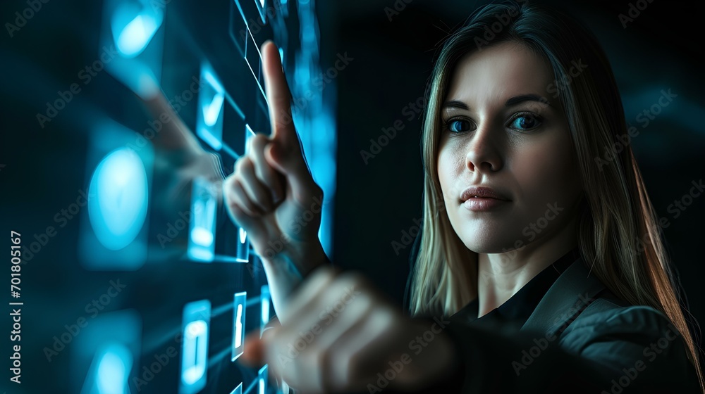 Canvas Prints A businesswoman who checks a virtual cyber hologram checkbox with a finger touch in front of a black background. quality document control and business approve project concept. generative AI