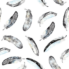 feathers seamless pattern.blue feathers on a white background. watercolor