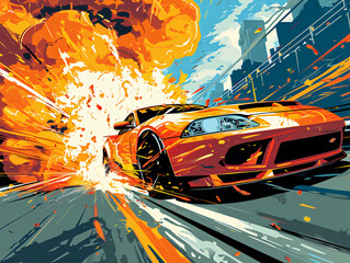 car on the road comic style wallmural