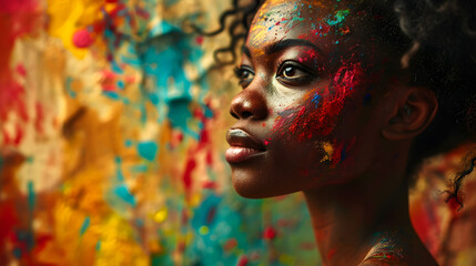 Celebrate racial equality and justice with a red, yellow, and green banner on an abstract paint splattered background featuring a beautiful black woman during Black History Month,