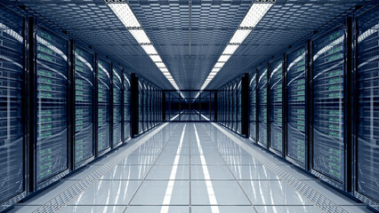 Server room data center with rows of server racks. 3d illustration - obrazy, fototapety, plakaty