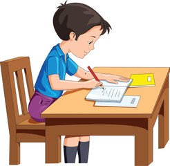A boy doing his homework while sitting on the table vector illustration