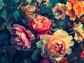 Colorful flowers and roses, peonies, leaves in style retro vintage wallpaper