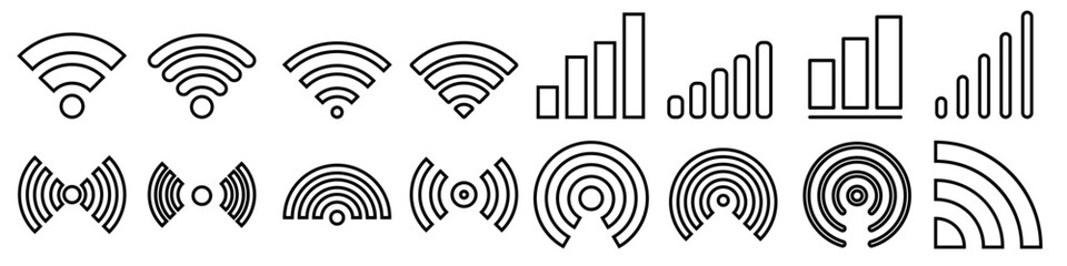 Signal set vector icons. Radio signals waves and light rays, radar, wifi, antenna and satellite signal symbols. Wireless technologys. Vector illustration.