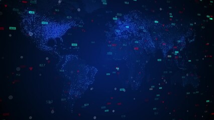 Global financial and market trade animation with earth map background and random numbers. 3D Animation, 4K - Powered by Adobe