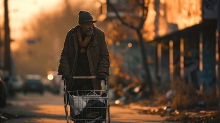 Desperate homeless man carries shopping cart with his belongings - obrazy, fototapety, plakaty