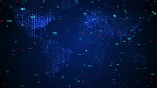 Global financial and market trade animation with earth map background and random numbers. 3D Animation, 4K